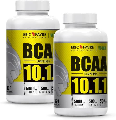 BCAA COMPRIMÉS 10.1.1 - Acides Aminés Musculation Vegan Hautement Dosés - Votre Allié Pour Des Entraînements Efficaces - Performance Accentuée - Programme 60J - Lot de 2 x 120 Comprimés - Eric Favre