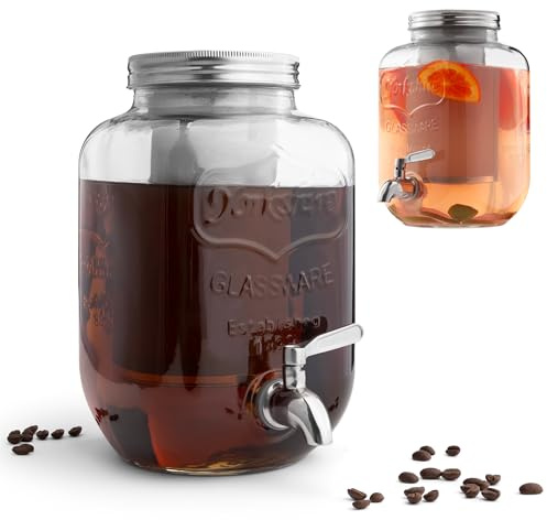 Navaris Distributeur de Boissons avec Robinet - Distributeur Boisson 4 L en Verre avec Couvercle et Insert en INOX pour Cold Brew et Thé Glacé - Fontaine Eau Cocktail Jus Alcool