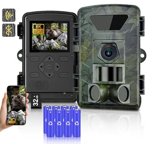 Fototrappola WiFi 8K 60MP con App, fototrappola Notturna con IR Visione 110° Ultra Grandangolo, Sensore di Movimento 0,1s Tempo di Attivazione, fotocamera per videosorveglianza con Antipolvere IP66