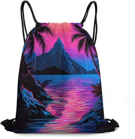 Rucksack Mit Kordelzug Vintage Palmen Mond Berg Kordelzug Sportbeutel wasserdichte Turnsack Kinder Gymnastikbeutel, Für Schwimmen, Strand, Yoga, 36x42cm