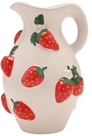 The Cottage Garden Pichet peint à la main en céramique Motif fraises | Avec motif floral vintage de campagne | Pichet de cuisine décoratif ou vase à fleurs pour décoration d'intérieur rustique