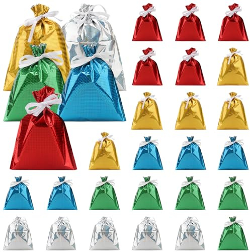 CHUENHEI 30 Stück Geschenktüten Weihnachten, 4 Größen Geschenkbeutel mit Kordelzug, Geschenkverpackung Weihnachtstüten zum Befüllen, Geschenktaschen für Xmas Party Süßigkeiten, Hochzeiten Dekoration