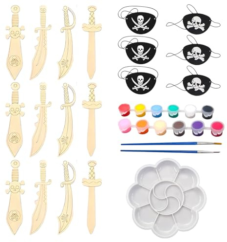 Scinzene Holzschwert Kinder 12, mit 12 Farbige Stifte, 6 Eye Cover, 1 Bildplatte, 2 Malpinsel, Selbst Kreatives Piratensäbel, Halloween Karneval Geschenke, Kindergeburtstag