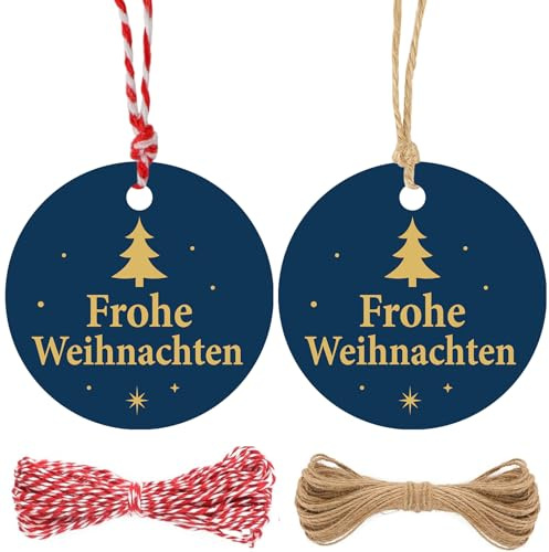 G2PLUS Rund Frohe Weihnachten Geschenkanhänger: 100 Stk Blau Weihnachten Anhänger mit Tannenbaum, 5.5CM Dekorativ Etiketten mit Schnur für Geschenk, Weihnachtsbaum Deko