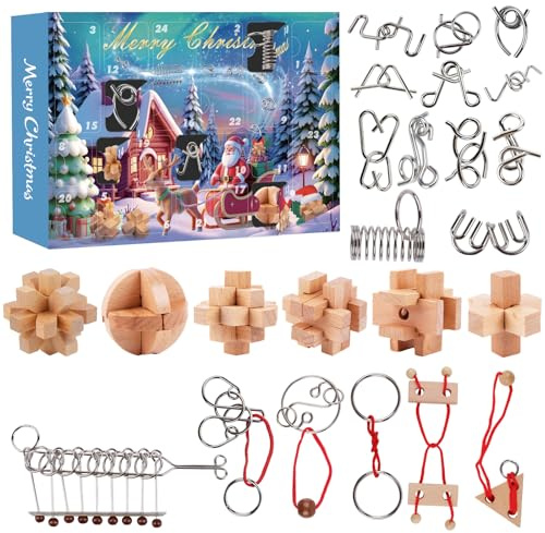 Adventskalender 2025 Knobelspiele für Erwachsene & Kinder, 24 Tage von Weihnachtskalender Countdown mit Metall Knobelei und 3D Holzk Puzzle, Weihnachts Geschenke für Jungen Mädchen Teenager