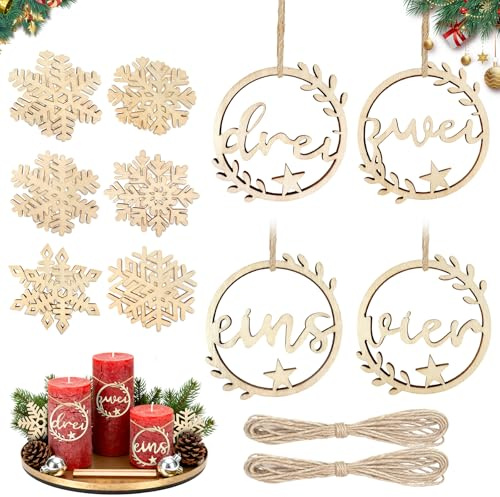 ePicsoa Adventskranz-Zahlen 1-4, 12 Stück Natur Holz Schneeflocken Weihnachtsbaumschmuck, Kerzen Adventskranz Anhänger, Adventskranz Zahlen, Adventskerzen Mit Zahlen für Weihnachtsdeko & Kerzen