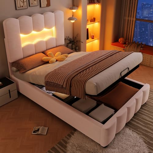 Gxffipw Hydraulisches Polsterbett Kinderbett 90x200 cm mit LED Licht, Einzelbett Bett mit Stauraum und Verstellbares Kopfteil, Stauraumbett Bettrahmen mit Lattenrost, Rosa, Samt, Ohne Matratze