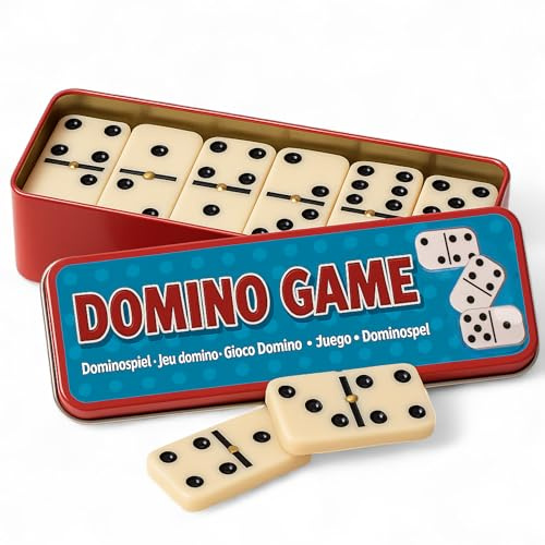 MIJOMA Jeu de dominos dans une boîte métallique rétro - 6 dominos avec 28 pierres - Jeu familial classique pour enfants et adultes - Voyage et idée cadeau - Jeu de société à partir de 4 ans