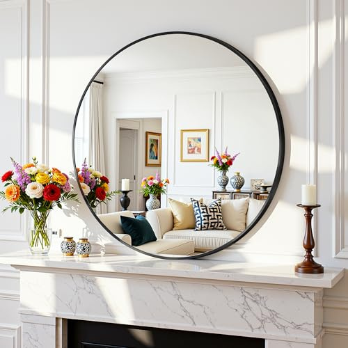 Antok Spiegel Rund, 51cm Schwarz Dekorative Wandspiegel für Bad, Eitelkeit, Wohnzimmer, Eingangsbereich, Runder Spiegel Hängend oder Lehnend, Aluminium Rahmen