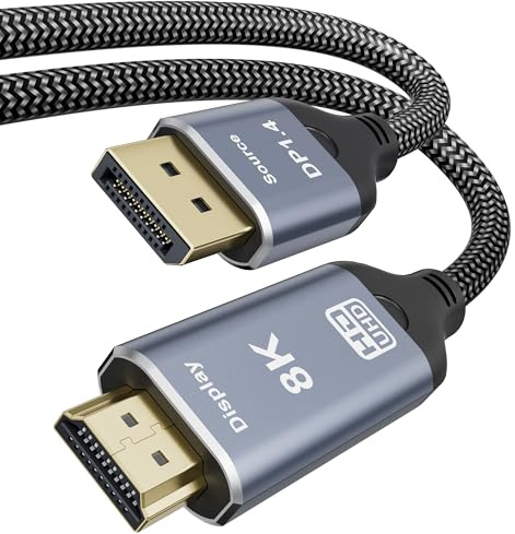 Cable DisplayPort a HDMI 2.1 de 8 K, 10 pies, 8 K a 60 Hz, 4 K a 120 Hz, DP unidireccional (fuente) a HDMI (pantalla), cable trenzado DP a HDMI compatible con PC, Dell, AMD, Lenovo, monitor, HP