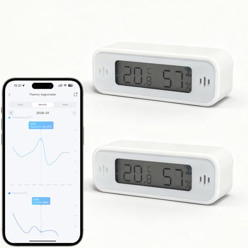 WIOONI WLAN Hygrometer Thermometer Innen, Digital Temperatur und Luftfeuchtigkeitsmesser mit App, Tuya/Smart Life Kompatibel für Gewächshaus, Weinkeller, 2 Pack