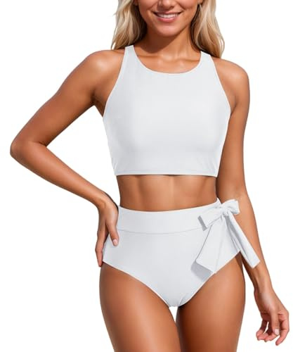 2026-Generic, traje de baño tankini de moda en colores lisos con impresión, dos piezas, moda de playa para nadar ocio, Blanco, L