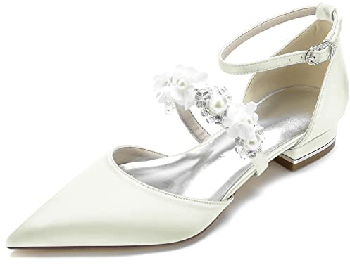 Yhsdfcn Brudskor med 3D-blommor och Pärlor för Dam - Satin Ballerina Mary Jane med Kristaller, Spetsig Tå och Låg Blockklack,A ivory,EU39