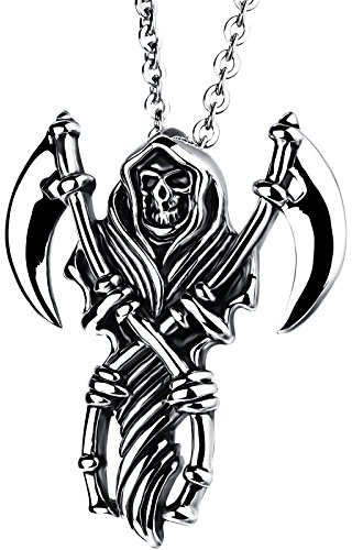 Flongo Edelstahl Anhänger Halskette Silber Schwarz Sensenmann Schnitter Totenkopf Schädel Sensen Sichel Gotik Herren,mit 55cm Kette