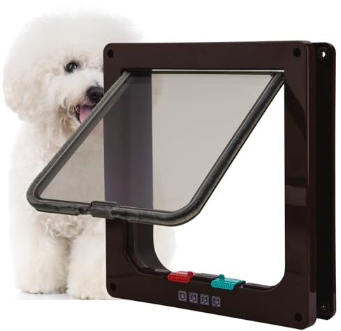 Tkoofn 4 Wege Katzenklappe, Sicherheitsverschluss Magnetverschluss Mit Wetterdichtung, für Katze, Kätzchen, kleinen Hund, Haustier - Groß Braun