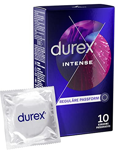 Durex Intense Orgasmic Kondome, gerippt und genoppt mit stimulierendem Gel, 10 Stück