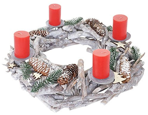 Adventskranz XXL rund, Weihnachtsdeko Tischkranz, Holz Ø 48cm weiß-grau - mit Kerzen, rot