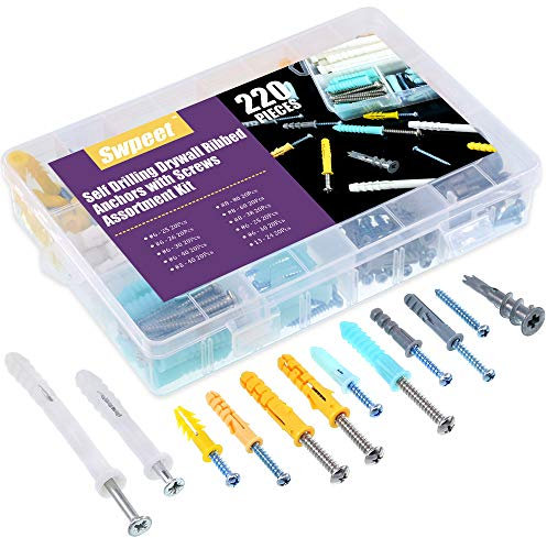 Swpeet Kit di tasselli autoperforanti per cartongesso, 220 pezzi, misure assortite, in plastica, con viti, perfette per il fissaggio di tende, calligrafia, armadi a muro