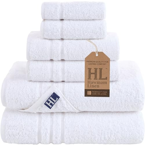 Hammam Linen White Bath Towels Set 6-Piece Original Turkish Cotton Soft, Absorbent and Premium Towel for Bathroom and Kitchen 2 Bath Towels, 2 Hand Towels, 2 Washcloths