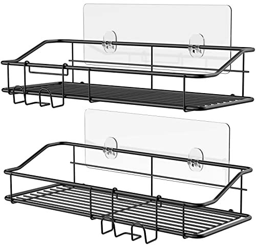 Nieifi Shower Caddy, Bathroom Storage no Drilling with Hooks and Adhesive, Shower Shelf Stainless Steel SUS 304, 2 Pack(Black)