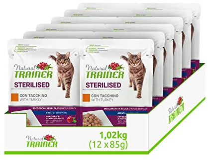 Natural Trainer Sterlisied Adult Cibo Umido per Gatti con Tacchino e Fibra di Pisello 12 buste x 85 g - 1020 gr