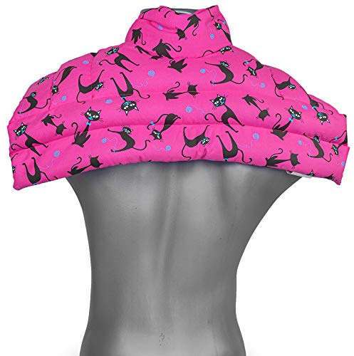 Bio-Dinkelkissen Schulter & Nackenkissen mit Kragen. Nacken Wärmekissen, Körnerkissen - Wärme und Kälte (Katzen-pink, Bio-Dinkel)