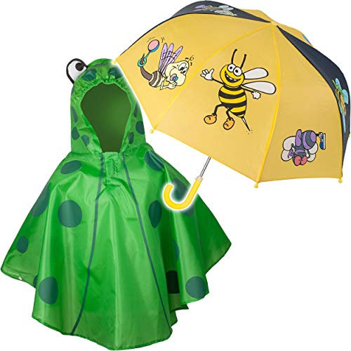 alles-meine.de GmbH 2 TLG. Set: Regenschirm + 3D Effekt - Regenponcho - lustige Biene & Frosch - inkl. Name - Kinderschirm - Ø 72 cm - Regencape - Kinder - 2 bis 6 Jahre - Stocks..