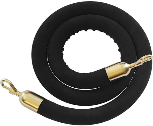 Montour Line Velvet Hanging Stanchion Rope Foam Core, 8 Foot Black Rope with Polished Brass Snap Ends