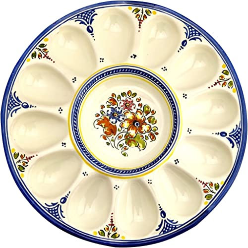 Gónfer - Huevera Plato de Huevos de Cerámica Artesanal Azul - Bandeja Fuente Huevos Rellenos - Fabricado y Pintado a Mano - Capacidad 12 (26,5 cm Ø)
