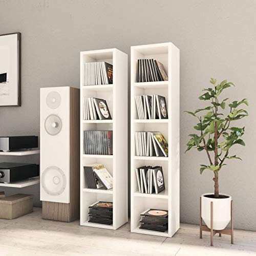 Susany 2 STK. CD Regal Ständer mit 5 Fächer Medienregal Standregal Wandregal Dekoregal Aufbewahrung Büroregal Spanplatte Hochglanz-Weiß 21x16x93,5 cm