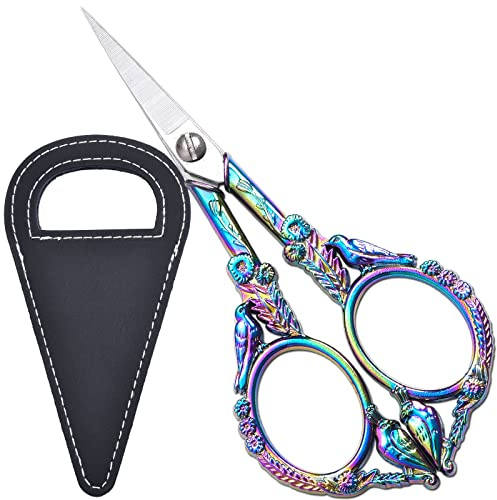 HITOPTY Vintage-Stickschere, 11,7 cm, kleine scharfe Spitze, Nähschere mit schwarzem Etui, Regenbogen-Bastelschere, Detailgarn, Fadenschere für Kreuzstich, Handarbeit, Bastelwerkzeug