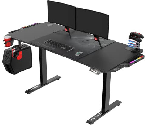 ULTRADESK - Level V2 Höhenverstellbarer Schreibtisch - Elektrischer Computertisch - 140x68 cm, für Gaming, Büro, Homeoffice - Set mit XL-Mauspad, LED RGB - Schwarz Led