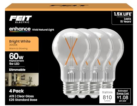 Feit Electric A19 LED Light Bulbs, 60W Equivalent, 810 Lumens, 3000K Bright White, High CRI 90+, Dimmable, Filament Style, Energy Saving, 17,000-Hour Lifetime, A1960CL930CA/FIL/4, 4-Pack