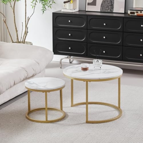 GrandCA HOME Tables Gigognes Ronde Lot de 2, avec Cadre en Métal Doré, Dessus Blanc Imitation Marbre, pour Salon, Chambre, Bureau, Appartement (Or) - 60x60/40x40cm
