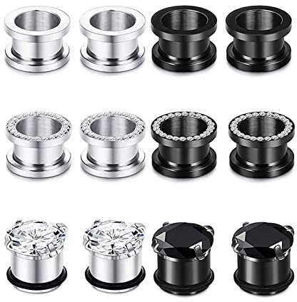 Lieson Ear Plugs Tunnel, 12 Stück Flesh Tunnel Edelstahl Creolen Zirkonia 10mm Flesh Tunnel Silber Schwarz