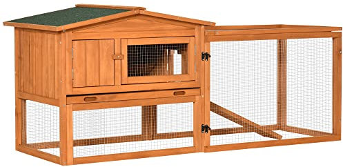 PawHut Hasenstall Kaninchenstall 156x58x68 cm mit Freilaufgehege Bodenwanne, Rampe, Kleintierstall aus Holz Meerschweinchen Gehege mit 2 Etagen, Sichtfenster, für Zwergkaninchen, Orange