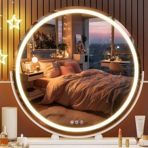 Hasipu LED Kosmetikspiegel Rund 60x60cm, Schminkspiegel mit Beleuchtung, Dimmbar 3 Lichtmodi, Touch-Spiegel mit Memory-Funktion, 360°-Drehung, Weißer Rahmen für Schminktisch
