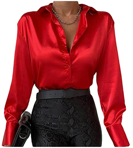 Damen-Seidenbluse, langärmelig, Knopfleiste, Satin-Bluse, lässig, einfarbig, Tops, rot, L