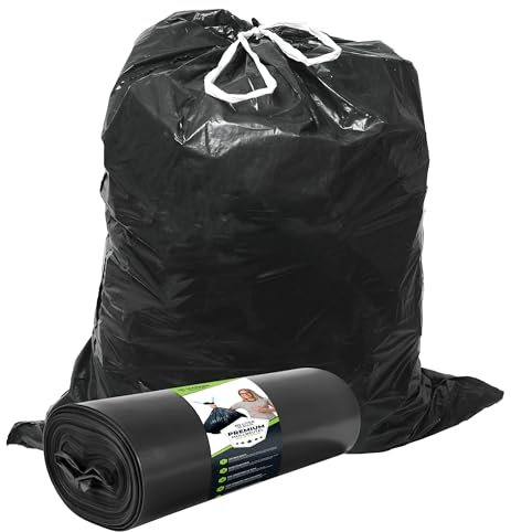 Müllsäcke 60L Schwarz mit ZUGBAND - Reißfest - Abfallbeutel XXL - Müllbeutel - 40 µ Stark - LDPE Recycelt - Großer Müllsack - 60 Liter - Mülltüten - Hausmüll, Gewerbe, Industrie - 25 Beutel - 1 Rolle