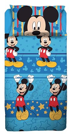 Mickey Mouse - Juego de sábanas para Cama Individual, Juego de sábanas Individual Disney, sábana encimera, sábana Bajera Ajustable, Funda de Almohada, Azul, Disney, 100% algodón, Producto Oficial