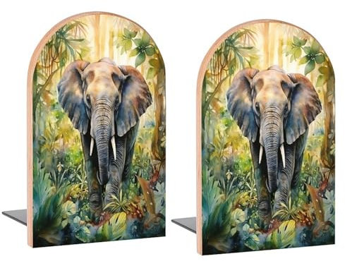 Buchstützen aus Holz, Motiv: Elefant, Dschungelbaum, dekorative Buchstützen für Regale, Schreibtisch, Zuhause, Büro, Buchstopper für Zeitschriften, Bücher, DVDs, 2 Stück
