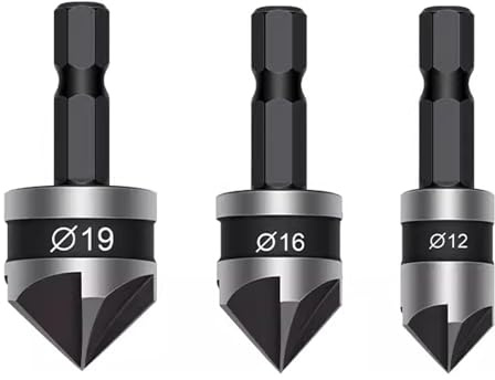 Rainorning Chaflán de 5 Hojas de φ12/16/19mm Chaflán Desbarbador de Tornillo de Taladro Escariador de Acero con Alto Contenido de Carbono de 90° para Aluminio Madera Tablero de PCV (Mango Redondo)