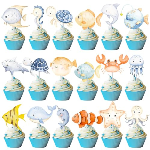 Dekoration für Meereskuchen, 36-teilig, Cupcake-Dekoration, Geburtstagstorte, Deko für Ozean-Kuchen, Topper, Fische, Kuchen-Topper für Geburtstagsfeier