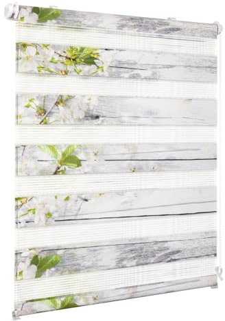 Doppelrollo Klemmfix ohne Bohren Weiß-Blüten B60 x H120 cm (Stoffbreite 56cm) Doppelrollo mit Muster, Duo Rollos für Fenster ohne Bohren Rollos mit Motiv, Seitenzugrollo Lichtdurchlässig