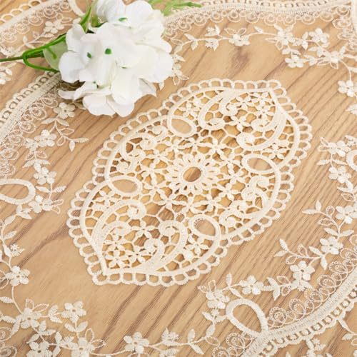 Anevous Spitze Stickerei Tischdecke, Oval Tischläufer Gestickte, Vintage Blume Blumenmuster Deckchen Boho Tischläufer für Hochzeit Party Abendessen Tisch Dekor,Beige 29x51cm