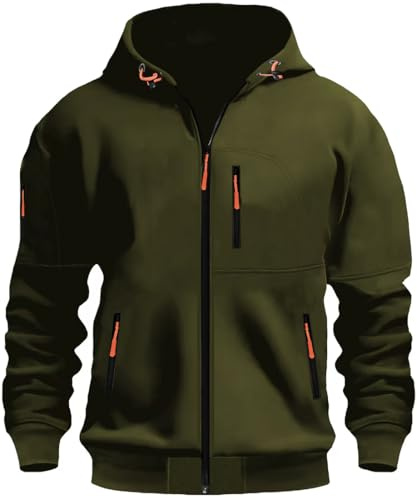 MEDUOLA Uomo con Cappuccio Zip Cardigan Giacca Sportiva Jogging Felpa con Cappuccio Ragazzi e Uomini Felpa con Zip Tasca Multifunzionale Cardigan con Cappuccio M,D14 Verde Militare