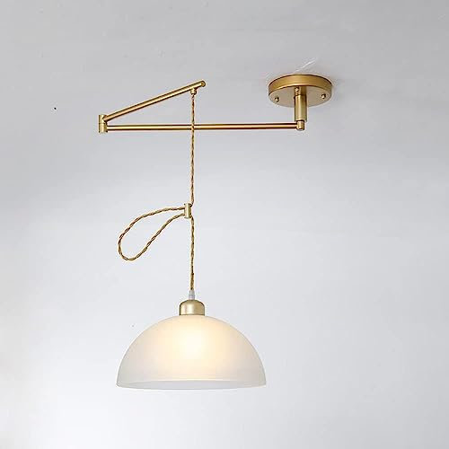 TaleTre Large Frosted Glass Dome Pendant Light - Gold Industrial Long Swing Arm Hanging Lamp - Adjustable Height Vintage Chandelier for Dining Room, Kitchen, Restaurant, and Bedroom