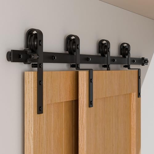 173CM/5.5FT Bypass Schiebetürbeschlag Doppeltür Schiebetüren Schiebetürsystem Komplettset Laufschiene Rollen Set Schwarz für 2 Holztür 80cm Breit, J-Form