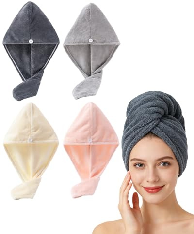 Lumimi 4 stycken hårturban-set lätt behagligt extra absorberande snabbtorkande fluffig hårkurer grå mörkgrå ljusrosa vit