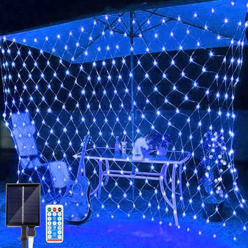 SIOOUI Rete di luci solari per esterni, 1,5 m x 1,5 m, 96 LED, 8 modalità, luci a rete ad energia solare con telecomando, per decorazione da giardino, recinzione, cortile (blu)